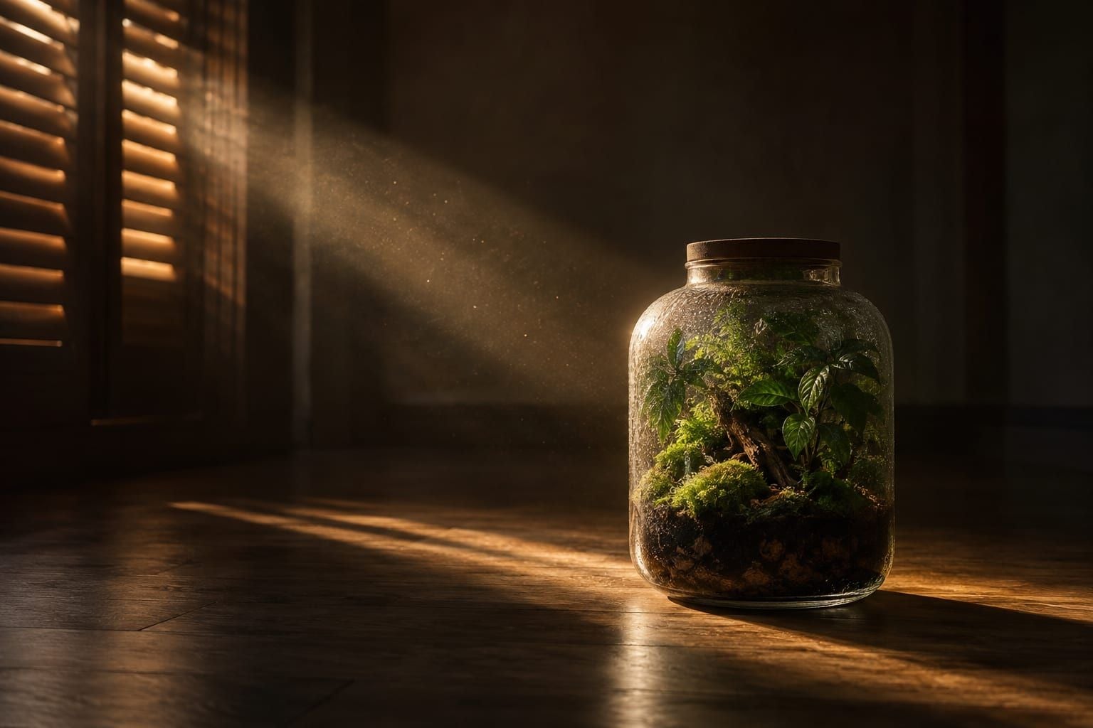 Terrarium fermé laissé seul dans un salon aux volets mi-clos, un rai de lumière sur le verre