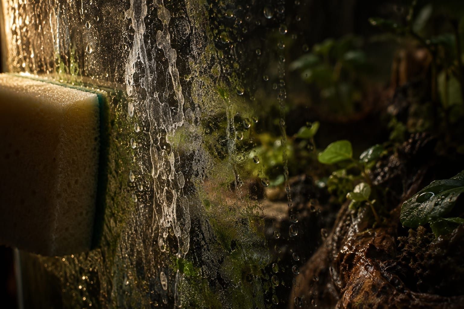 Traces de calcaire et voile vert sur la paroi intérieure d'un bocal de terrarium, éponge magique posée à côté