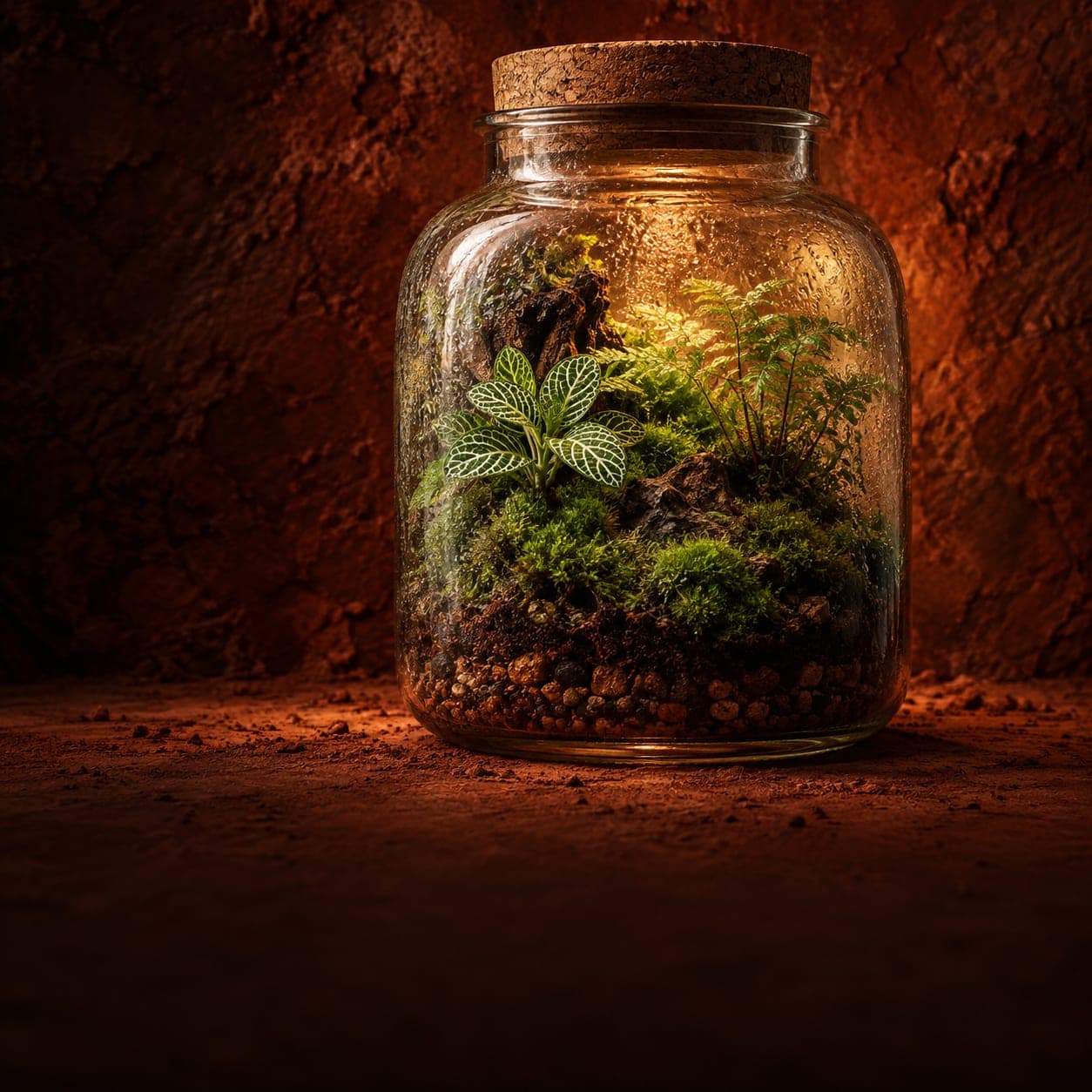 Terrarium fermé en bocal de verre éclairé de l'intérieur, posé sur de la terre rouge