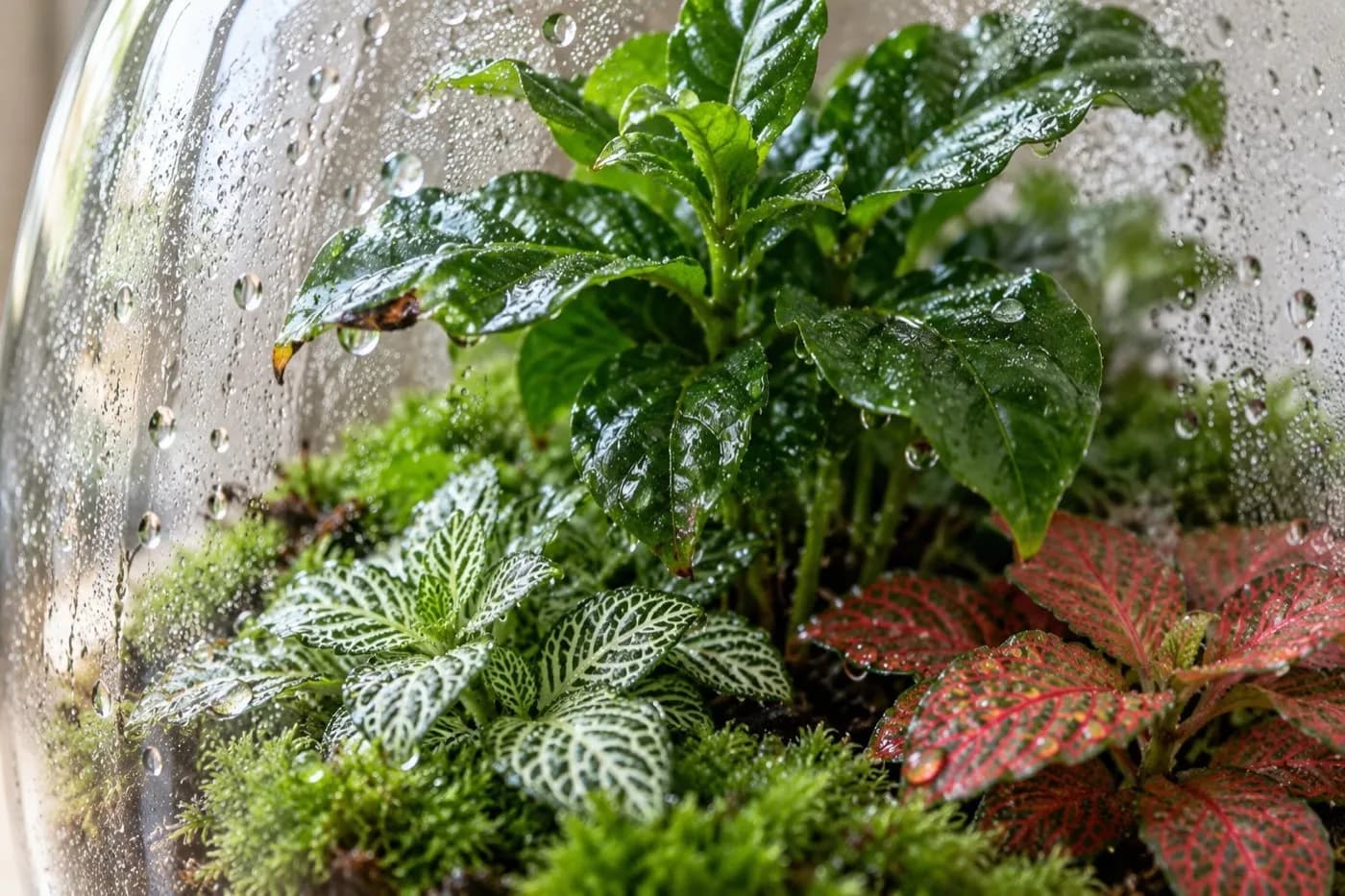 Gros plan sur le caféier et les fittonias du kit Café tropical, avec de la buée sur le verre