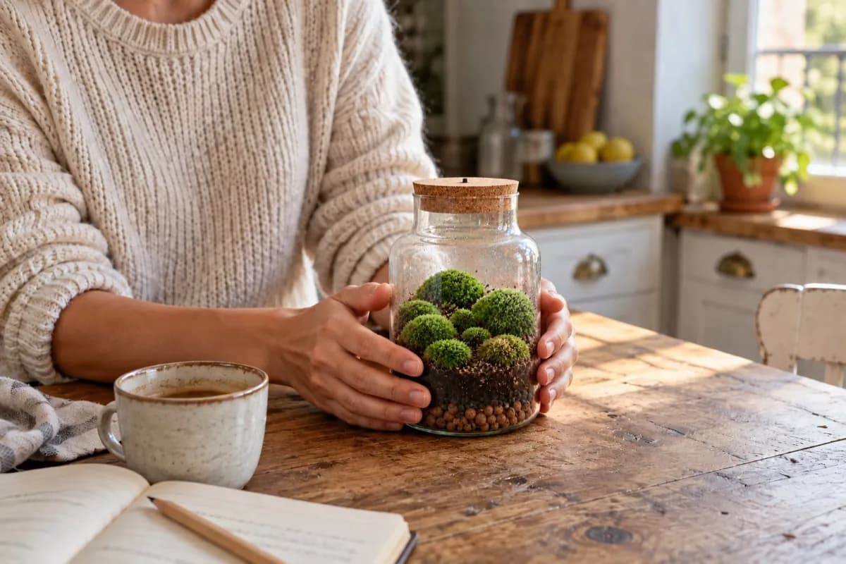 Des mains posent le kit Mousse et lumière sur une étagère