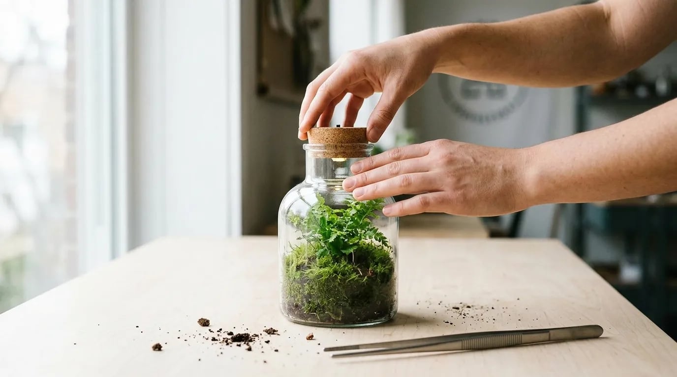 Dos manos introducen un tapón de corcho en el cuello de una botella terrario plantada con musgo, sobre una encimera clara
