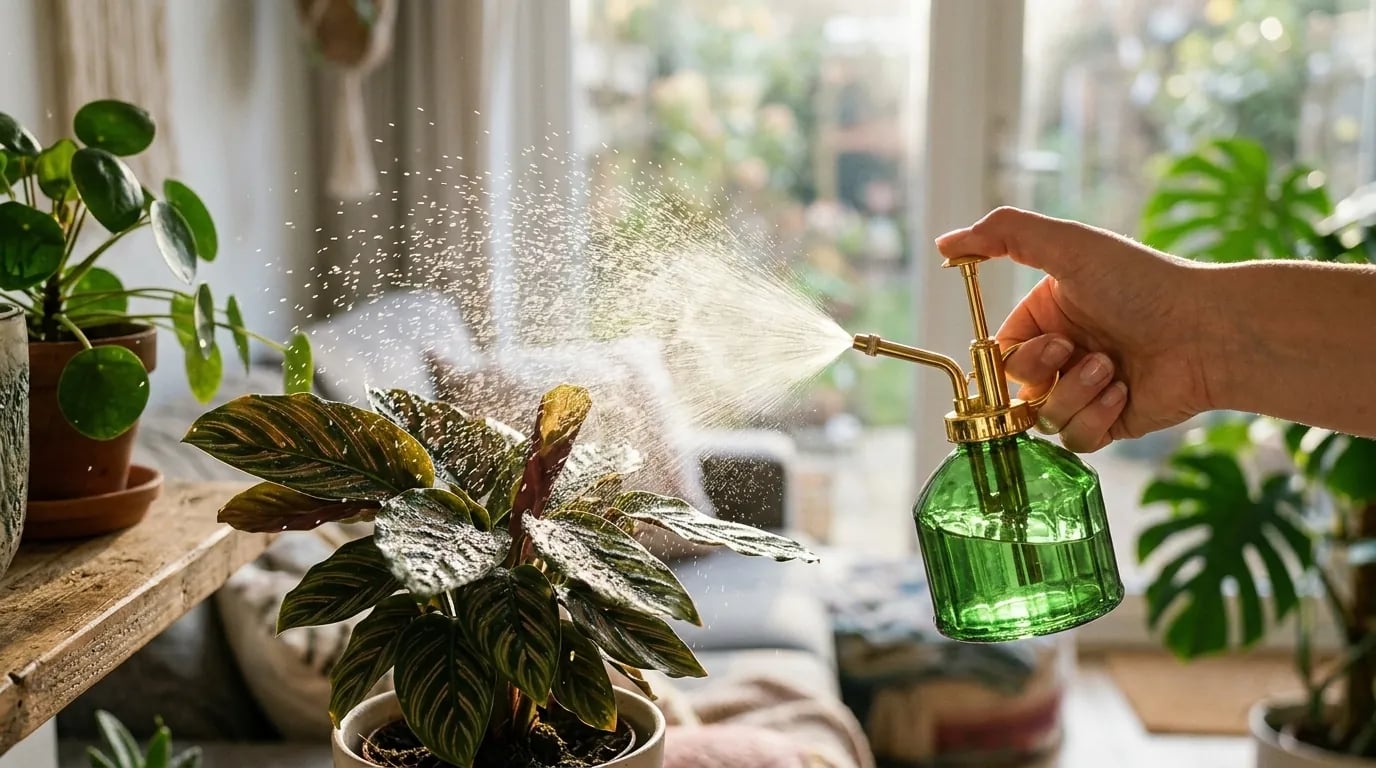 Una mano pulveriza las hojas de una calathea con un pulverizador de vidrio verde con bomba dorada, con las gotas visibles a la luz