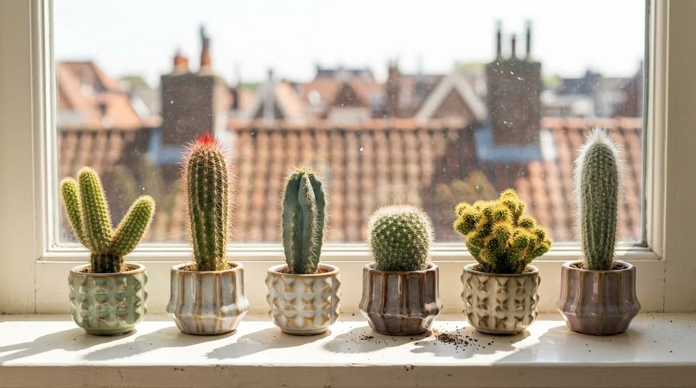 Seis pequeños cactus en minimacetas de cerámica, alineados en el alféizar de una ventana soleada