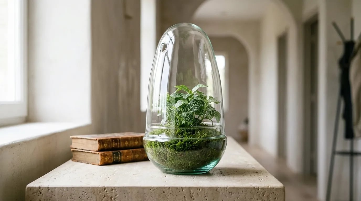 Campana de vidrio en forma de huevo sobre una consola de piedra, con una fittonia y musgo debajo, junto a dos libros
