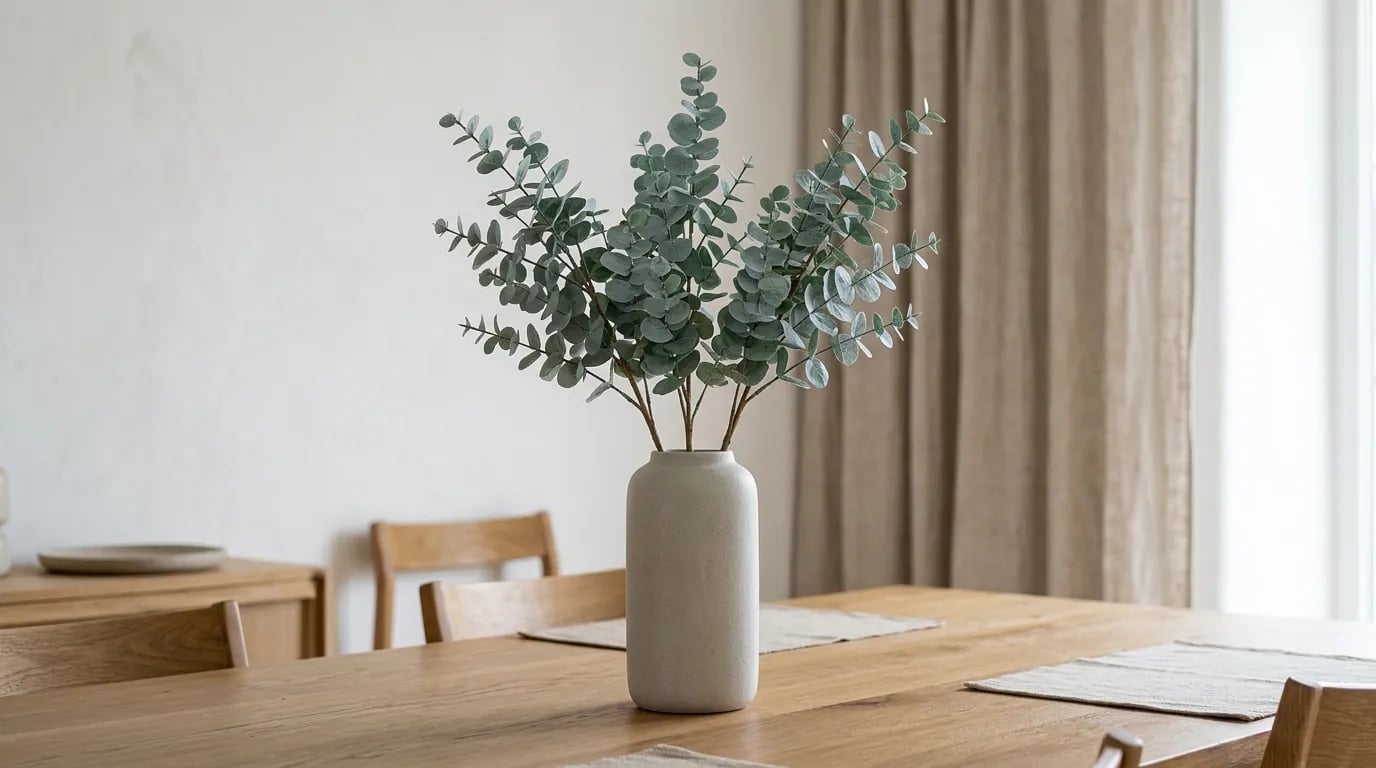 Tres ramas de eucalipto artificial en un jarrón de cerámica gris claro, sobre una mesa de comedor de roble