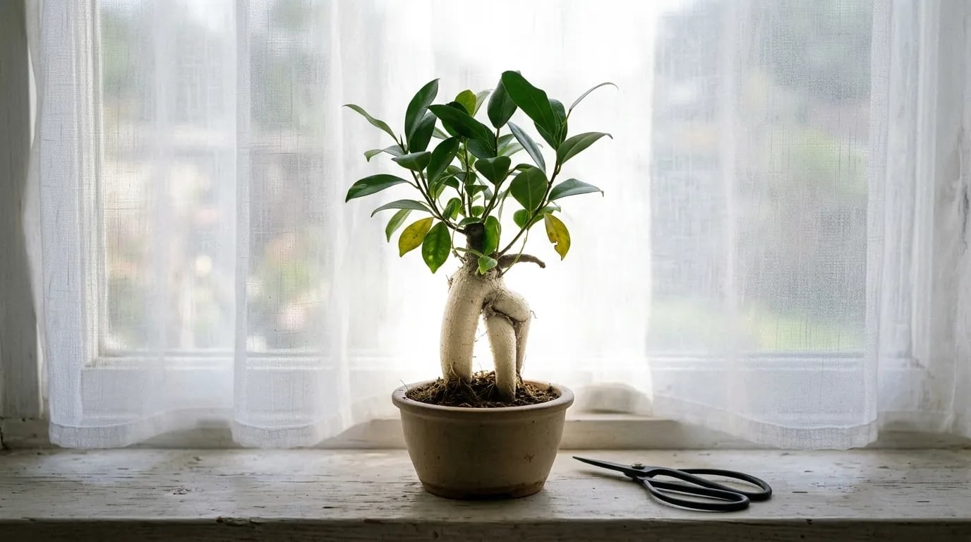 Ficus ginseng en bonsái en una pequeña maceta sobre el alféizar de una ventana, con unas tijeras de bonsái al lado