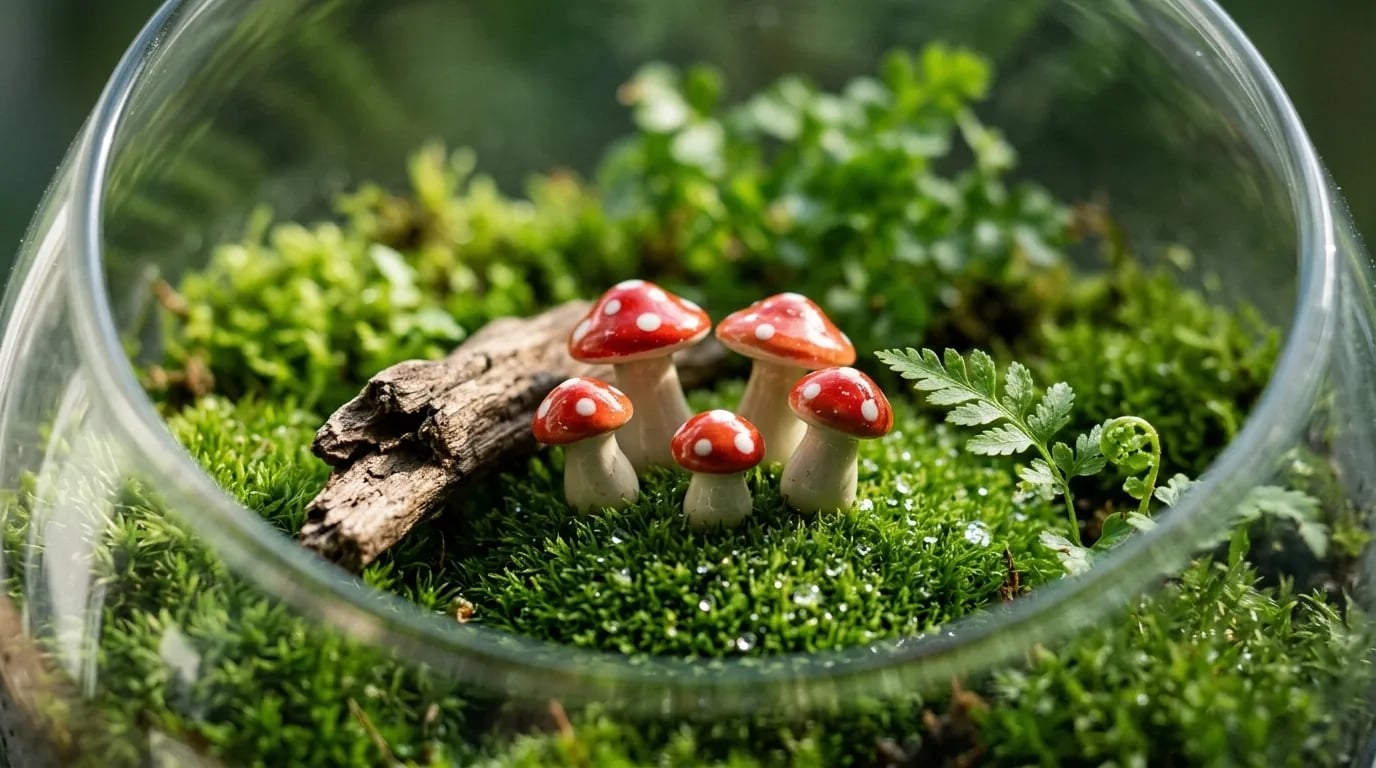 Primer plano de cuatro pequeñas setas rojas y blancas sobre el musgo de un terrario de vidrio, junto a un trozo de madera
