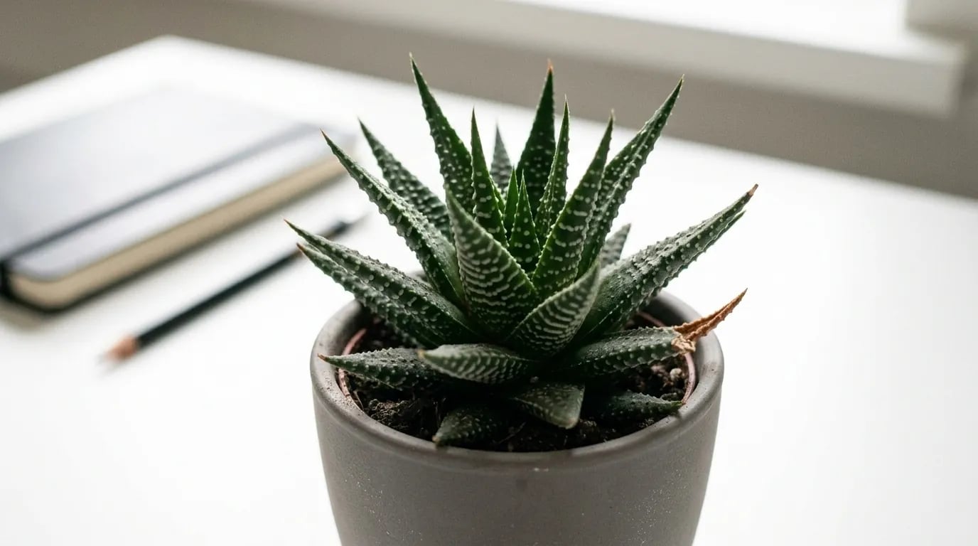 Haworthia de hojas puntiagudas con rayas blancas, en una maceta gris sobre un escritorio claro