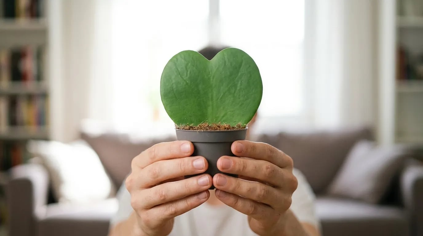 Dos manos sostienen una pequeña maceta de la que sale una sola hoja gruesa de Hoya kerrii en forma de corazón