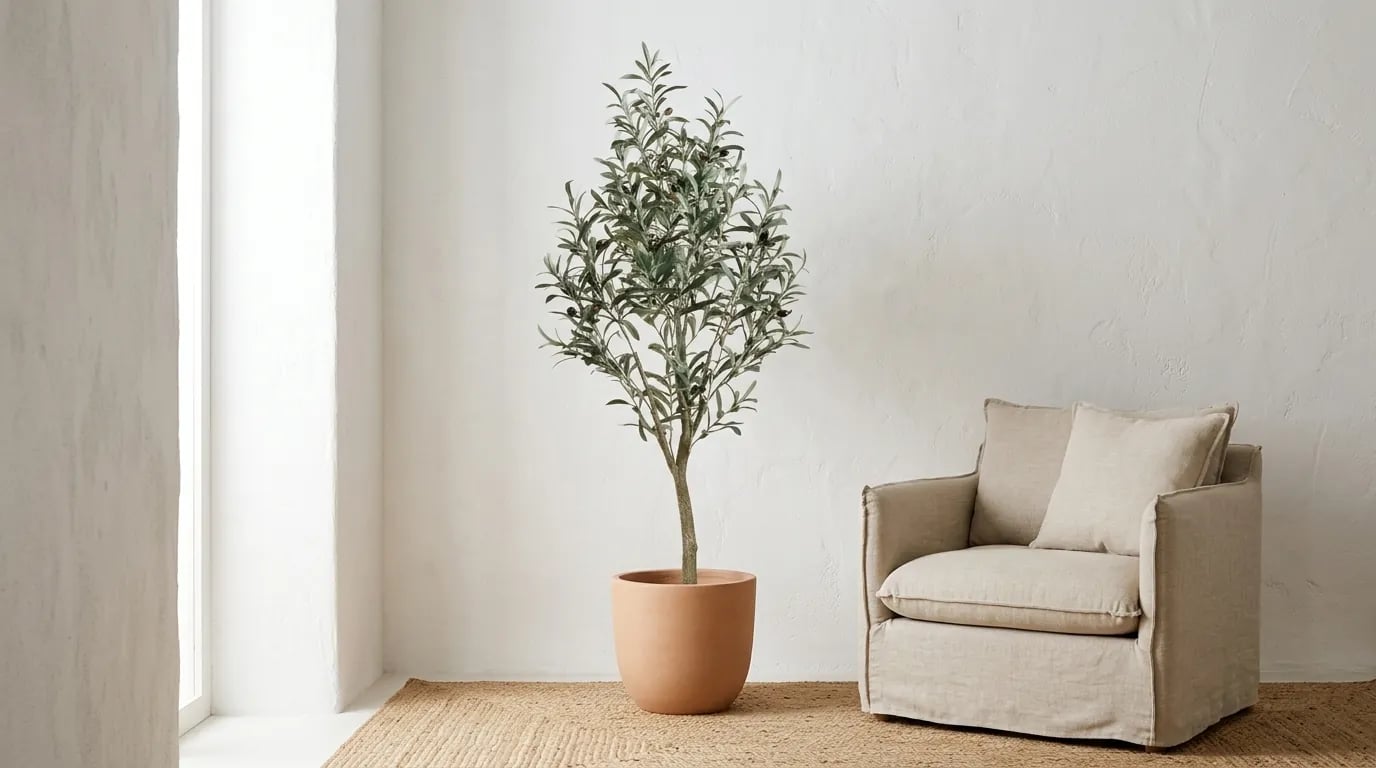 Olivo artificial en una gran maceta color terracota, en un rincón de un salón blanco junto a un sillón de lino