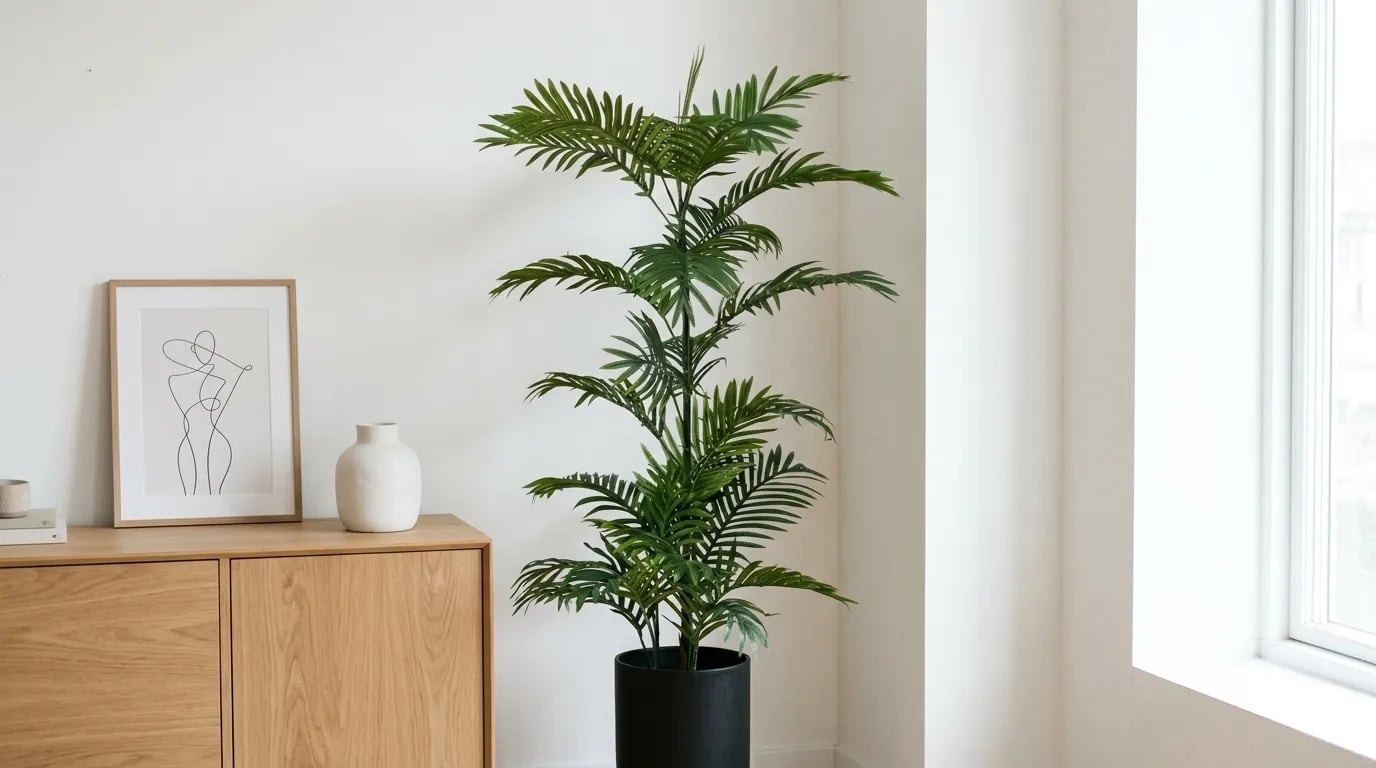 Palmera artificial Phoenix en una maceta negra mate, junto a un aparador de madera clara en un salón blanco
