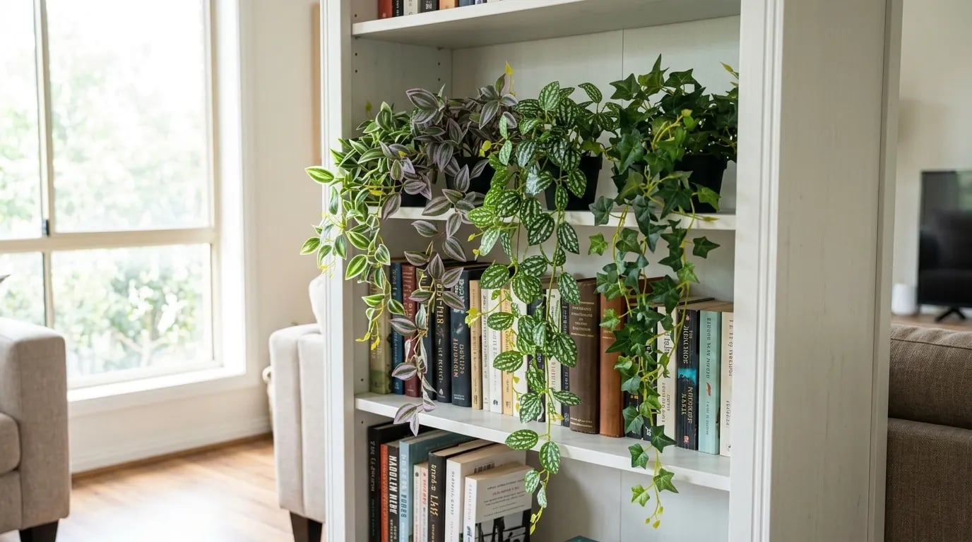 Plantas artificiales colgantes colocadas en lo alto de una librería blanca, con sus tallos cayendo delante de los libros