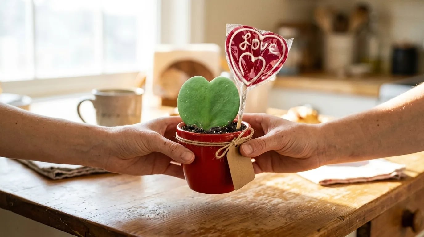 Dos manos se pasan una pequeña planta de hoja en forma de corazón en una maceta roja, con una etiqueta de papel kraft