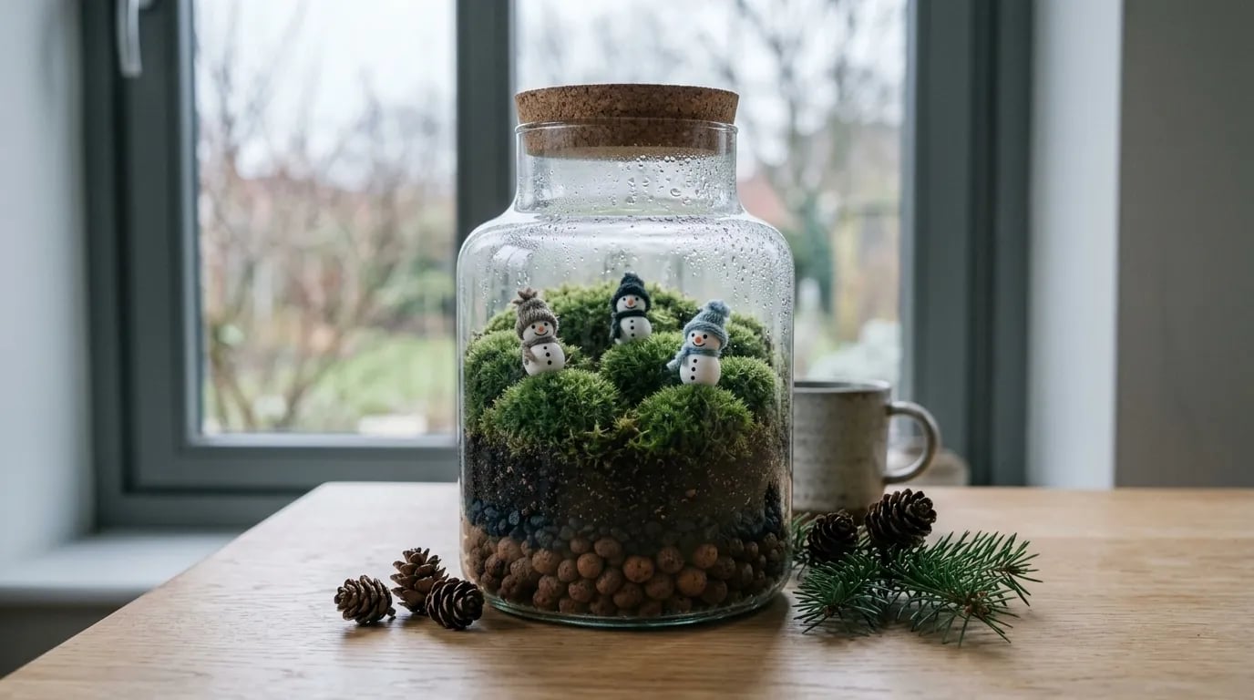 Tarro cerrado con un tapón de corcho, lleno de musgo con tres pequeños muñecos de nieve, sobre una mesa junto a una ventana en invierno, con piñas