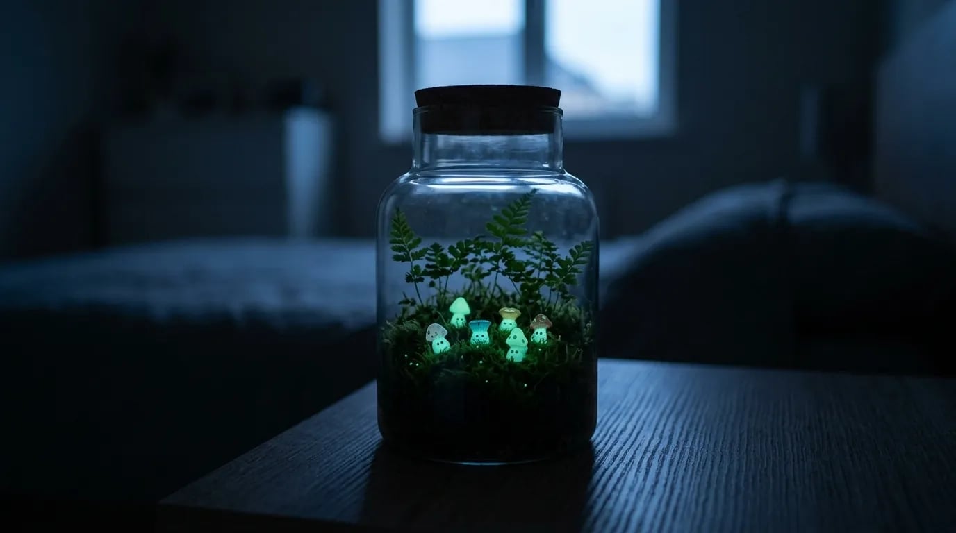 Tarro terrario cerrado en un dormitorio al anochecer, donde pequeñas setas fosforescentes brillan con un verde suave sobre el musgo