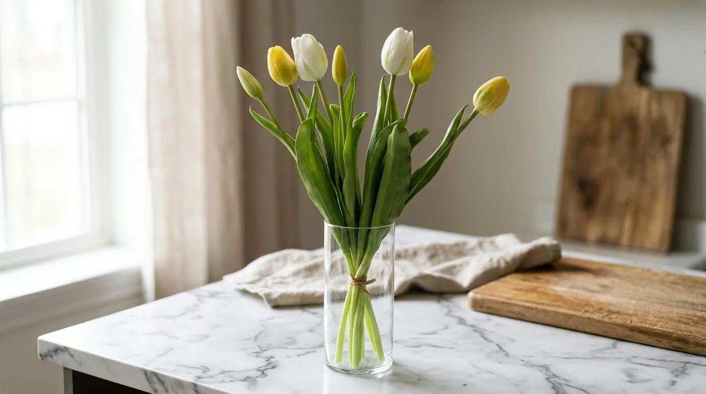 Ramo de tulipanes artificiales amarillos y blancos en un jarrón de vidrio, sobre una isla de cocina de mármol
