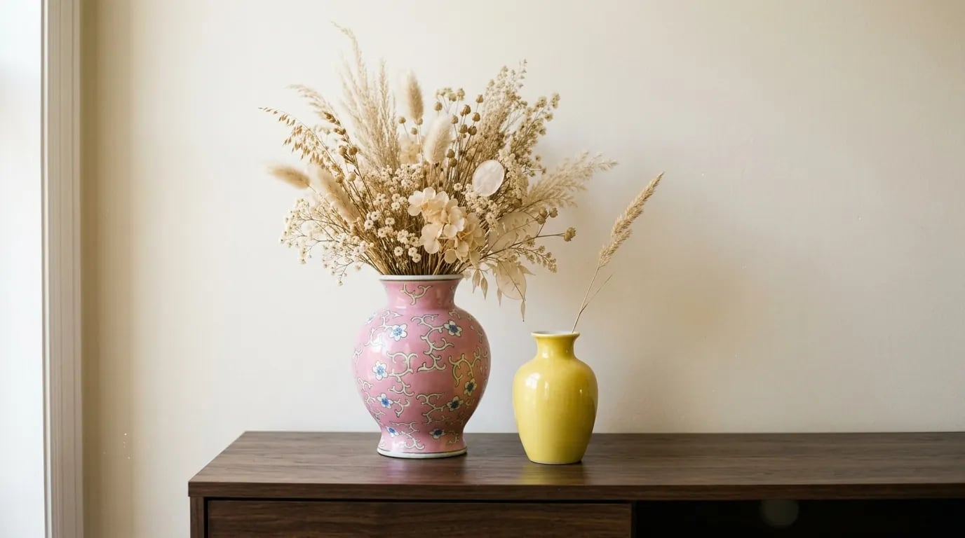 Jarrón rosa de porcelana con flores secas e hierba de las pampas, junto a un jarrón amarillo, sobre una consola de nogal, vistos de frente