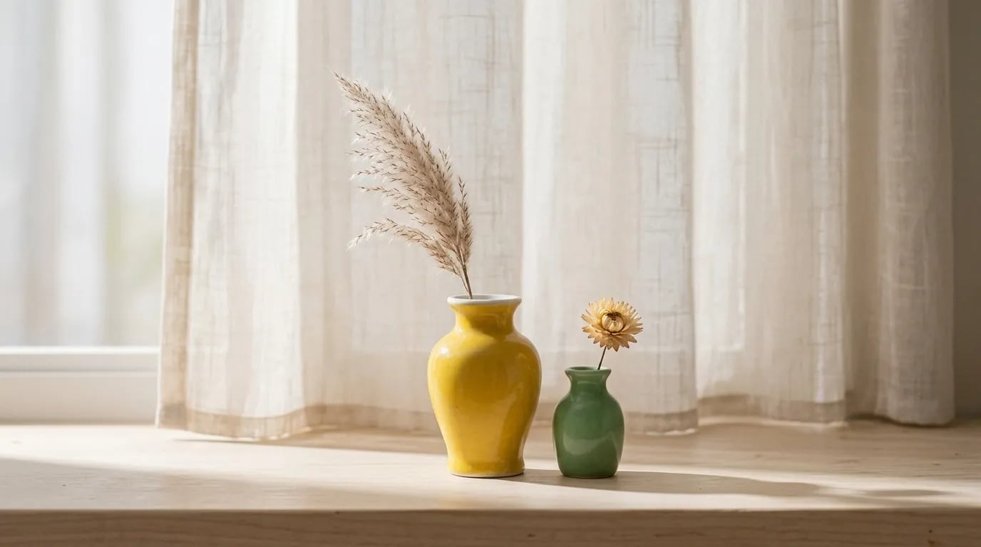 Florero individual amarillo de porcelana con un solo tallo de hierba seca, junto a un pequeño jarrón verde con una flor seca, en el alféizar de una ventana