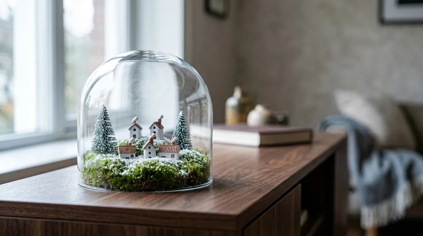 Campana de vidrio sobre un aparador de nogal, con un pequeño pueblo navideño debajo: casas en miniatura, abetos y musgo espolvoreado de nieve
