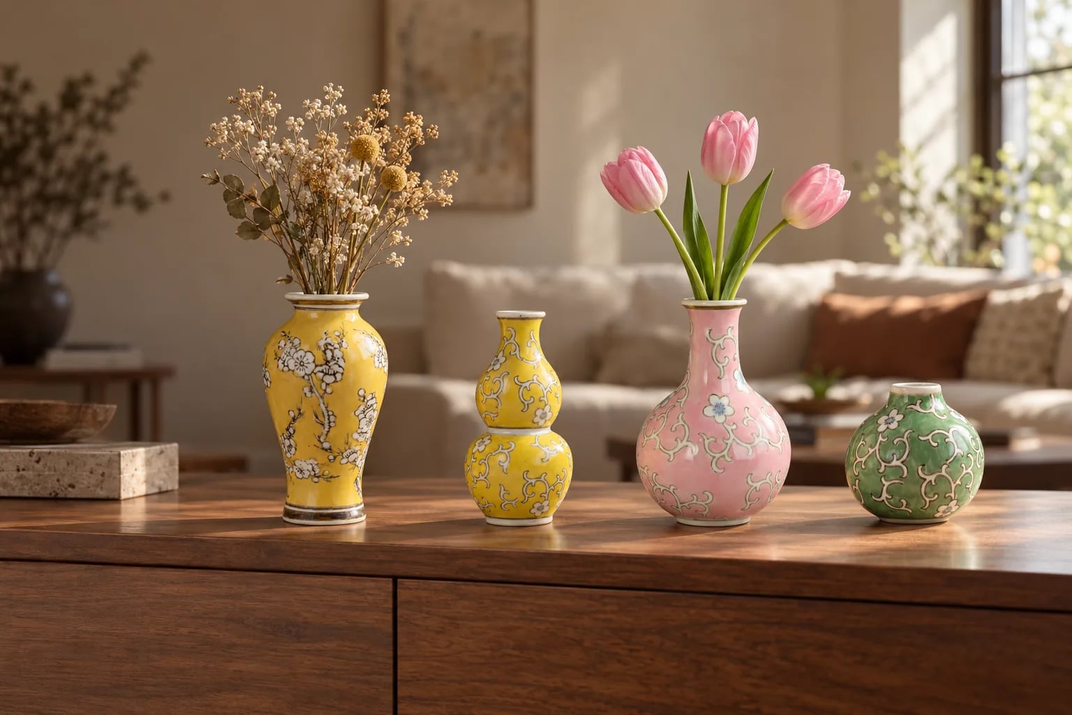 Quatre vases en porcelaine jaune, rose et verte sur une console en noyer, avec des fleurs séchées et des tulipes roses