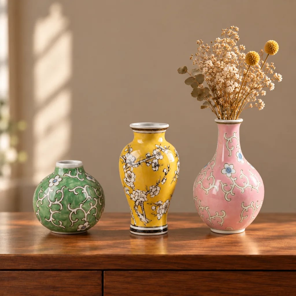 Trois vases en porcelaine verte, jaune et rose vus de face, le rose garni de fleurs séchées