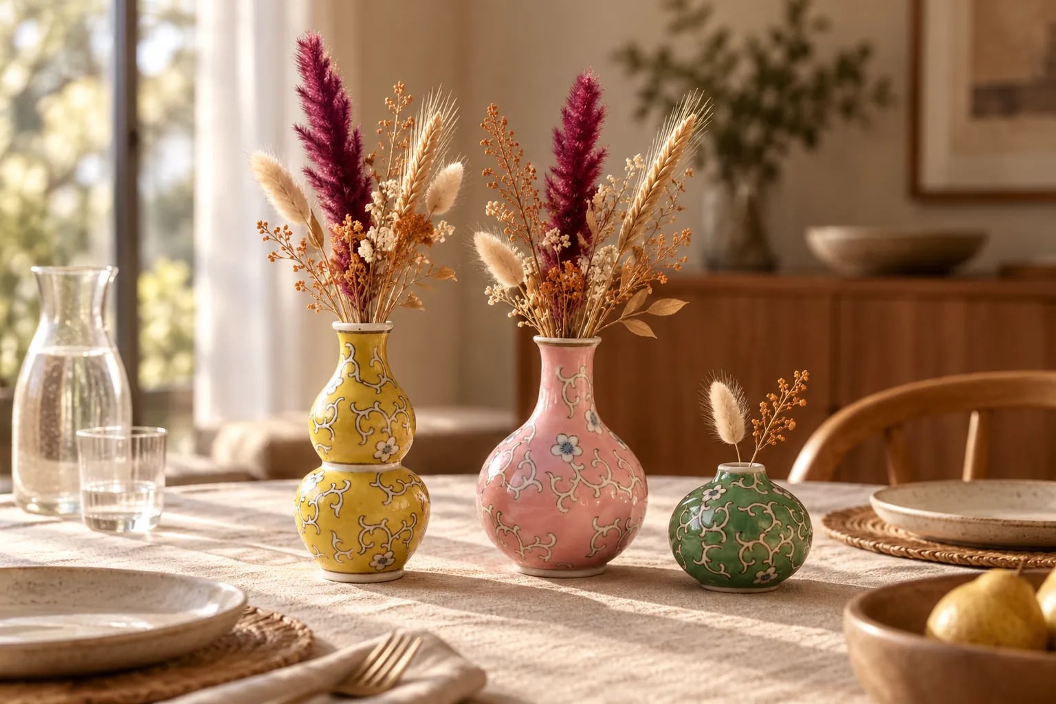 Trois vases en porcelaine jaune, rose et verte, avec des branches et des fleurs séchées